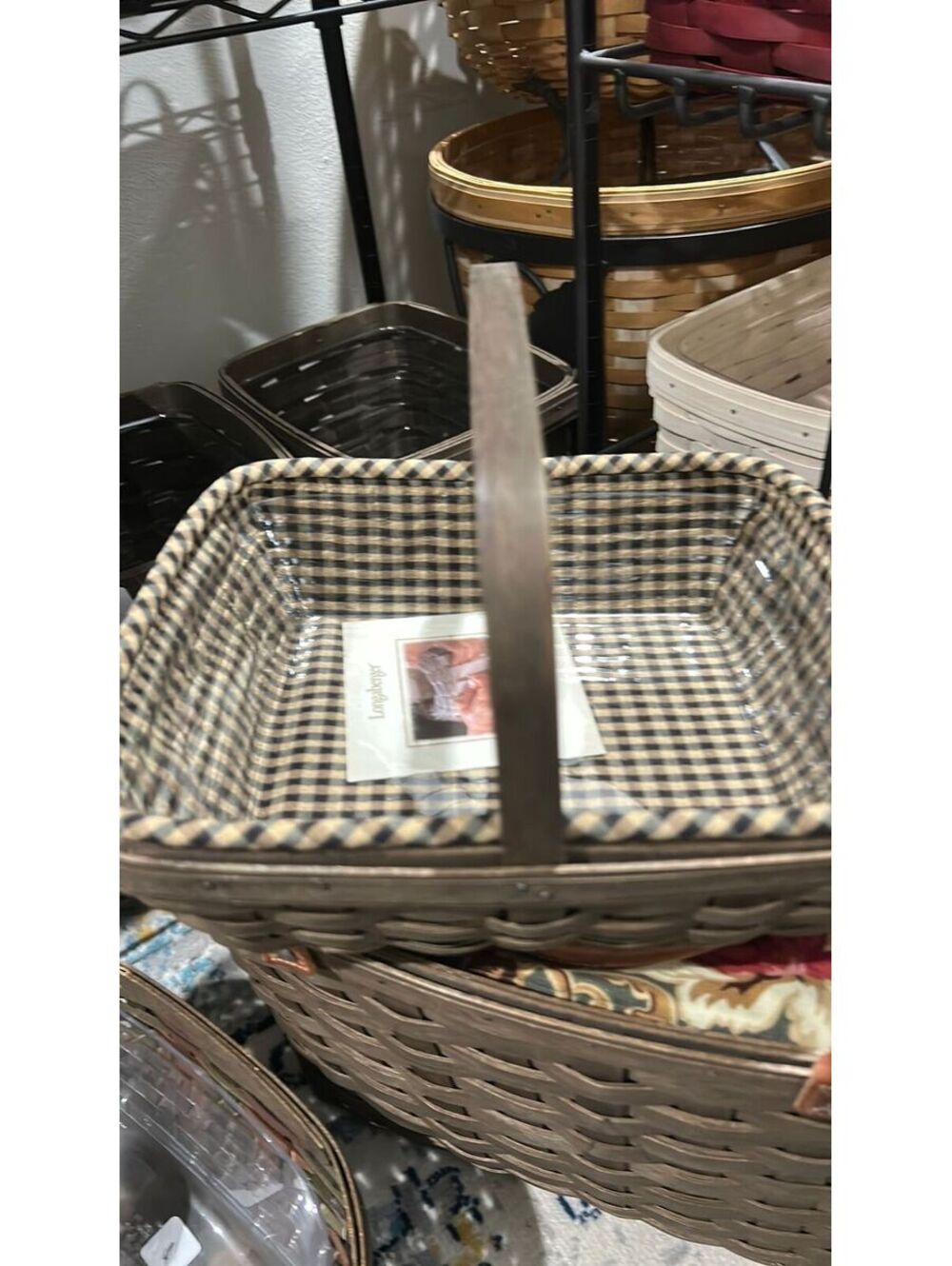 Longaberger, deep brown napkin basket with khaki check liner and protector